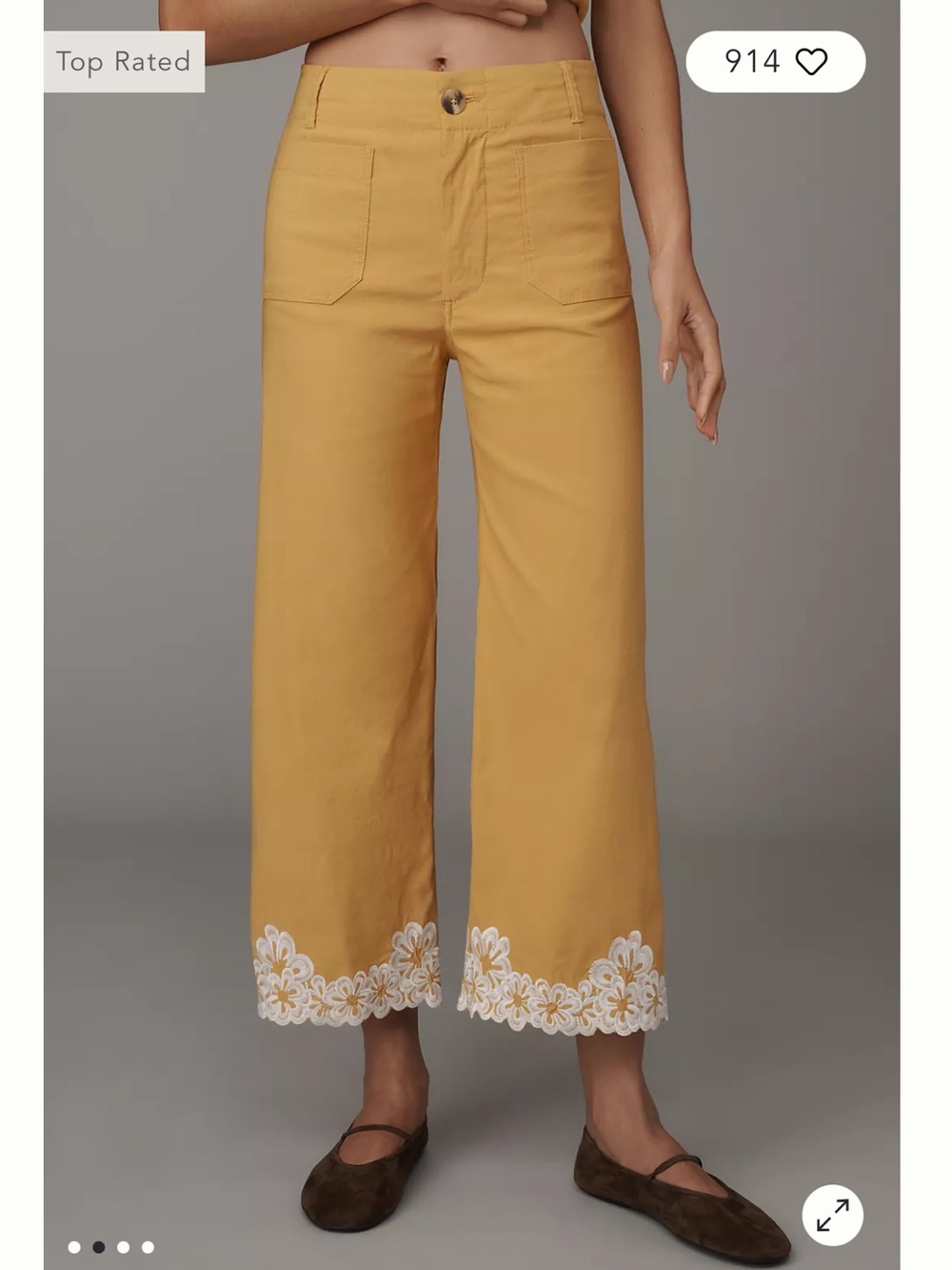 NWOT Maeve Yellow Colette Pants with White Floral Hem Embroidery